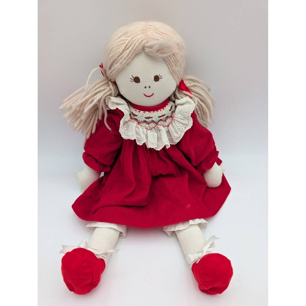 House of Hatten Cloth Rag Doll Red Smocked Dress Vintage Yarn Hair Plush